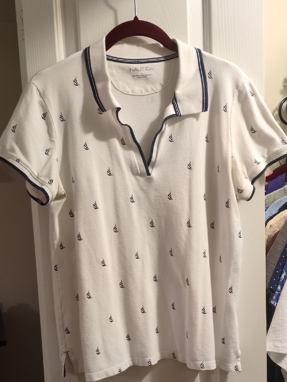 Women's Nautica White Polo with Navy Sailboats